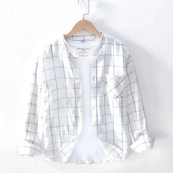 

2020 Men's Stand Collar Cotton Linen Plaid Shirt Youth Casual Breathable Shirt