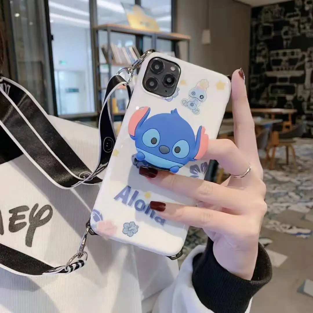 Для iphone 11 pro Max милый Ститч мягкий чехол для телефона для iphone 11 8plus 7P 6S 6p XR XS Max мультяшный чехол+ ремень+ подставка - Цвет: As shown in