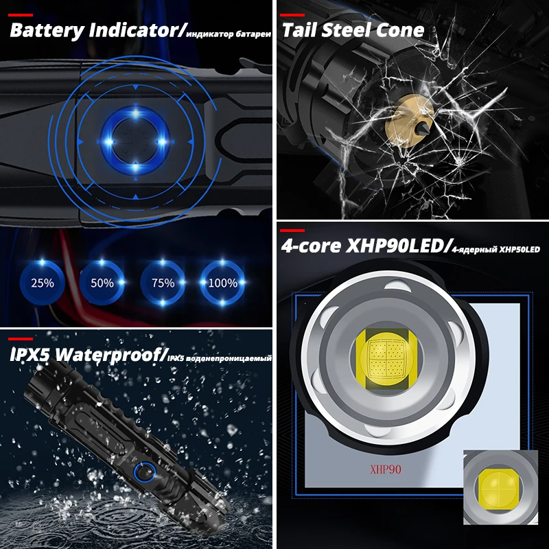 Online Super brillante linterna LED táctica Zoom ajustable 5 modos de iluminación Led antorcha uso batería recargable 18650