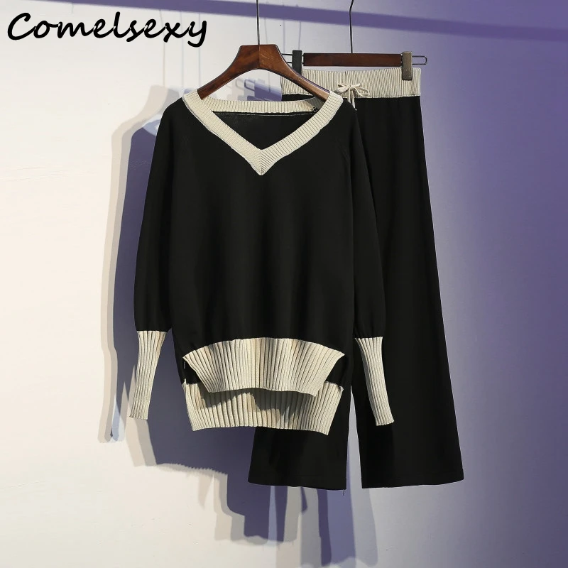 

4XL Plus Size Two Piece Set Top And Pants Knitted Women's Sweater Tracksuit For Women Casual Matching Sets Autumn Pant Set