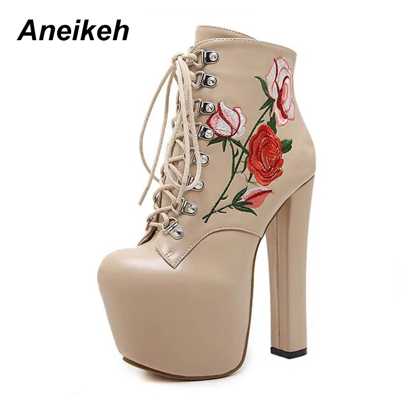 Aneikeh/ г. Новые сапоги для верховой езды из PU искусственной кожи обувь на платформе женские пикантные полусапожки на очень высоком квадратном каблуке с круглым носком и перекрестной шнуровкой