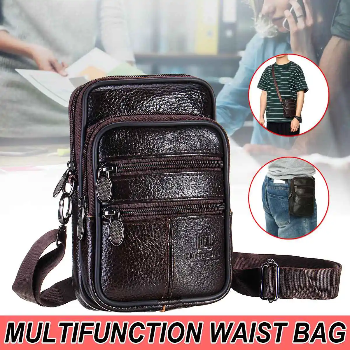 

Multifunctional Men Bag Genuine Leather Waist Bag Pack Phone Pouch Key Case Coin Pouch Hip Bum Belt Hook Outdoor Waist Bag