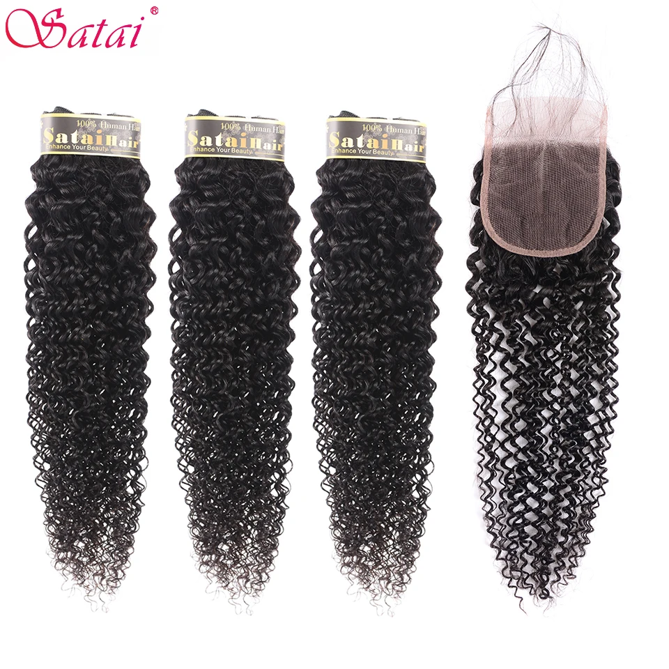 

Satai Kinky Curly Human Hair 3 Bundles with Closure Free Part Natural Color Brazilian Hair Weave Bundles Non Remy Hair Extension