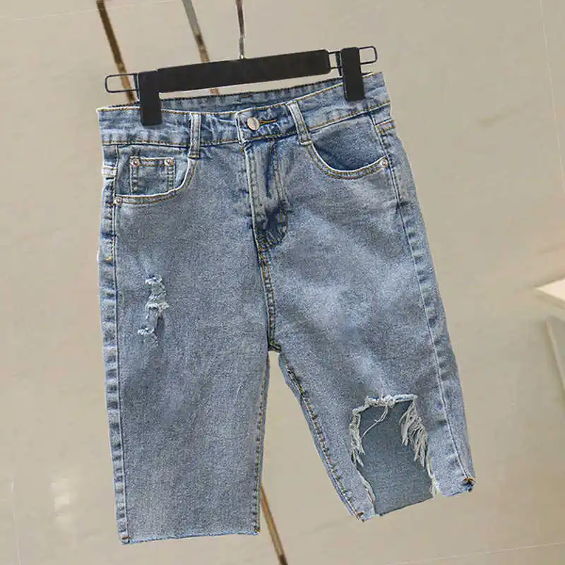Black Ripped Shorts Jeans Vintage Women Summer Thin High Waist Stretch