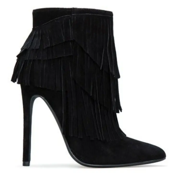 Популярные Модные женские ботинки; цвет черный, белый; женские ботильоны с острым носком на молнии и кисточками; пикантная модельная обувь - Цвет: Черный