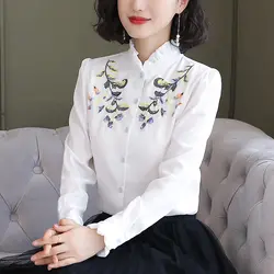 2019 новые осенние женские рубашки шифоновая вышитая блузка белая 19011