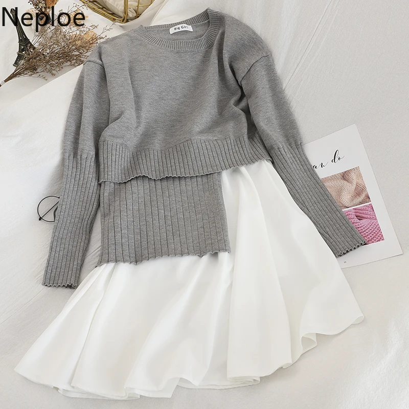 

Neploe Irregular Knitted Women Dress Ruffle Blouse Patchwork Sweater Vestido 2019 Autumn Winter Long Sleeve Bottom Dresses 56297