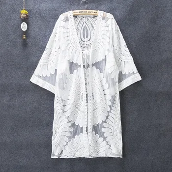 

DHL 100pcs Summer Lace Hollow Crochet Beach Bikini Cover Up 3/4 Sleeve Women Tops Swimwear Beach Dress White Beach Tunic Shirt