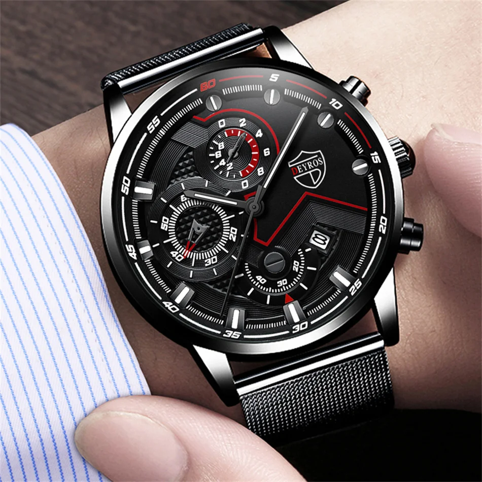 часы мужские Luxury Mens Quartz Stainless Steel Mesh Belt Casual Watches Men Leather Business Date Luminous Watch reloj hombre