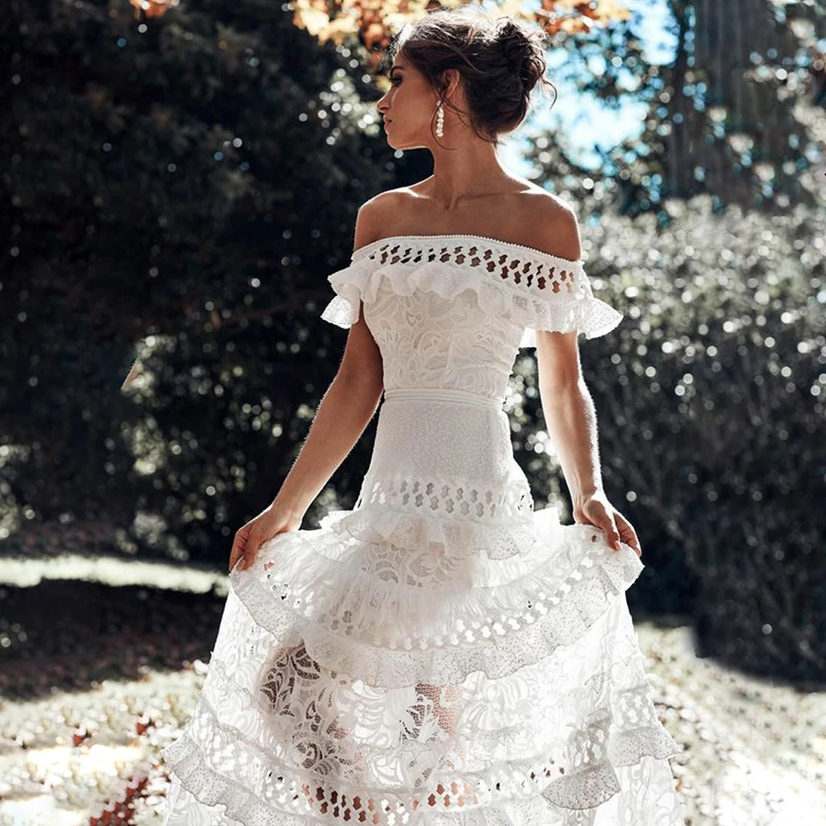 

2020 Off Shoulder Solid White Maxi Dress Ruffles Short Sleeve Vintage Vestidos Summer Casual Boho Evening Party Women Dresses