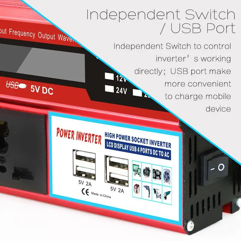 Профессиональный 5000 Вт Инвертор 4 USB ЖК-дисплей Дисплей 5000W Напряжение трансформатор Модифицированная синусоида Мощность Инвертор постоянного тока 12/24V к переменному току 220V