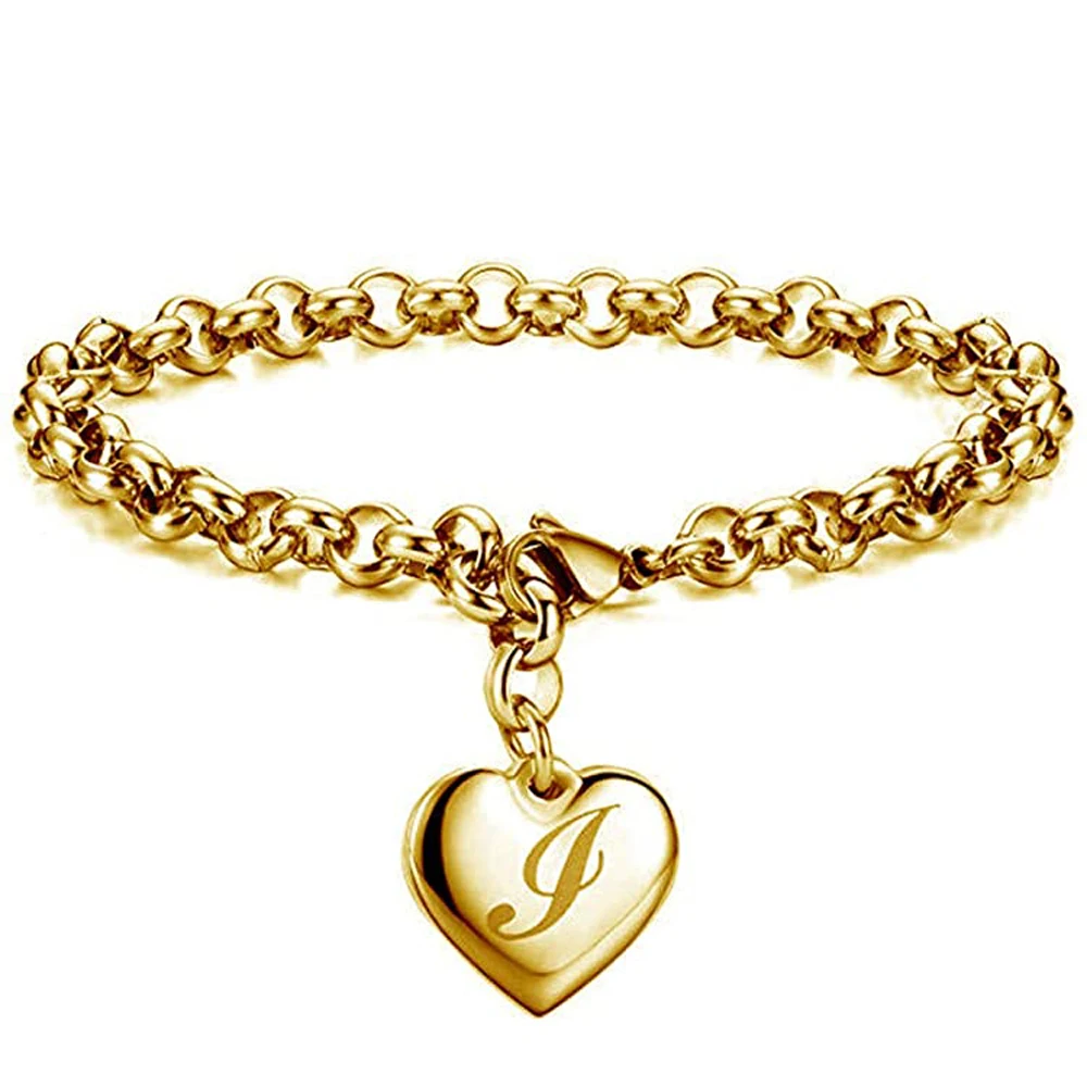 Initial Charm Gold-Color Bracelets Stainless Steel Heart 26 Letters Alphabet Bracelet for Women Girls Kids Gifts bracelet jewelry