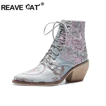 

REAVE CAT Fashion Embroidery lace up Booties Women square heels Ankle Boots flower wedding Party Shoes big size 43