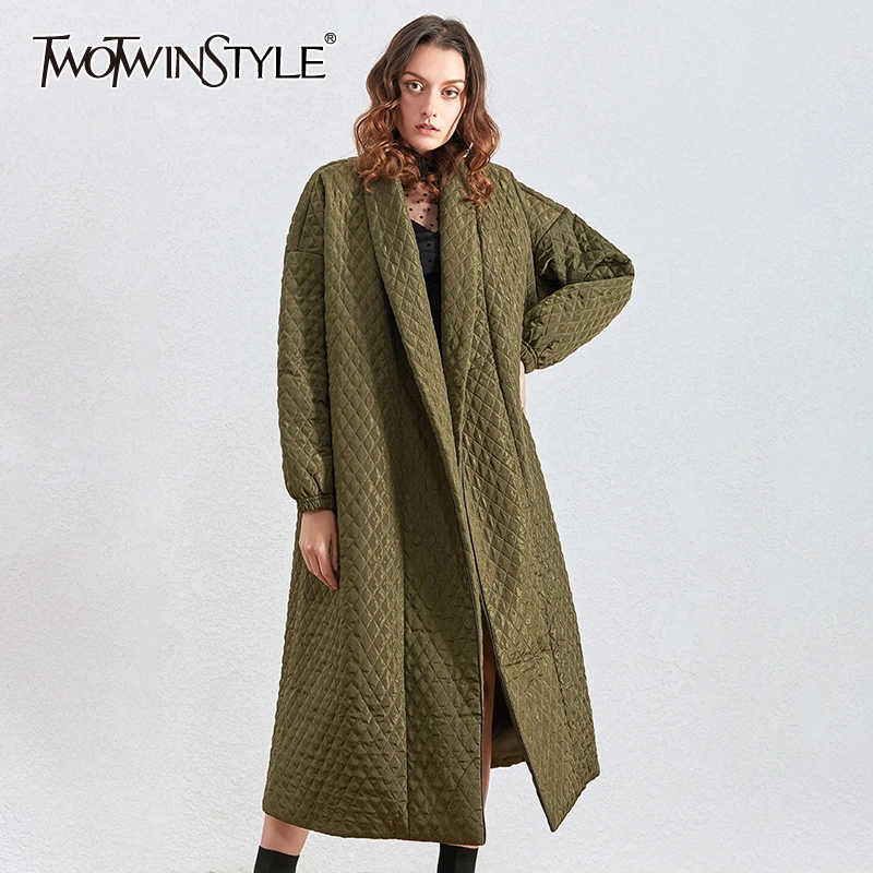 TWOTWINSTYLE Argyle хлопковое пальто для женщин, воротник с лацканами, фонарь, длинный рукав, Свободная Женская парка, одежда, Зимняя мода, новинка