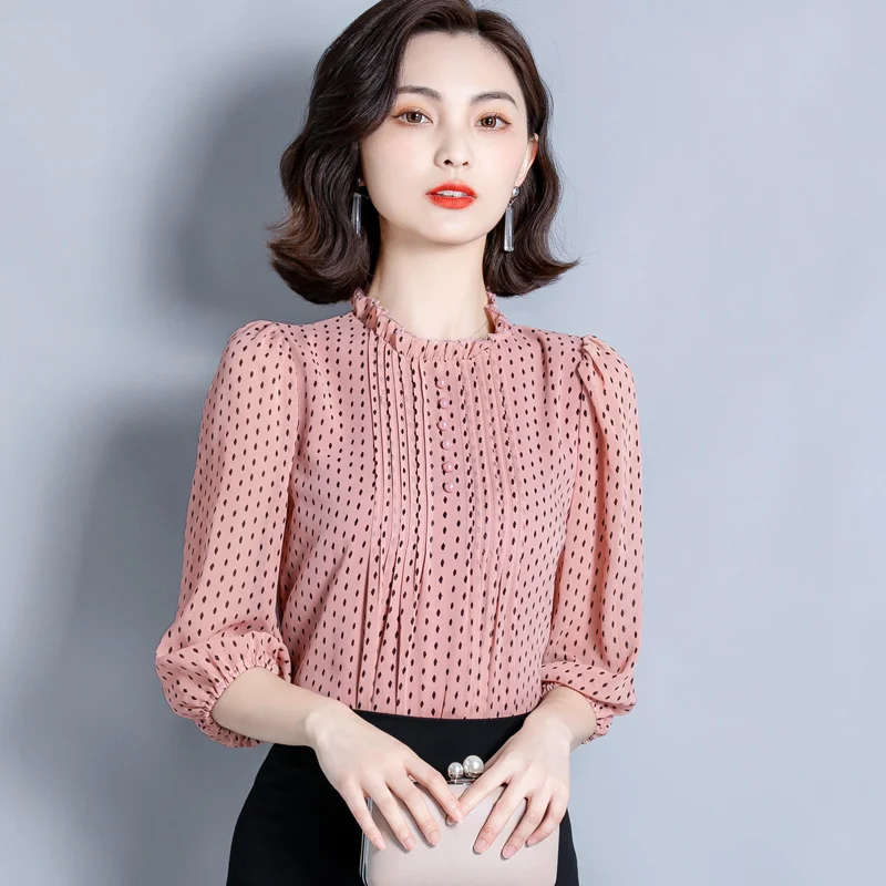 

Korean Fashion Chiffon Women Blouses Women Print Blouse Shirt Woman Polka Dot Blouse Top Plus Size Blusas Half lantern Sleeve