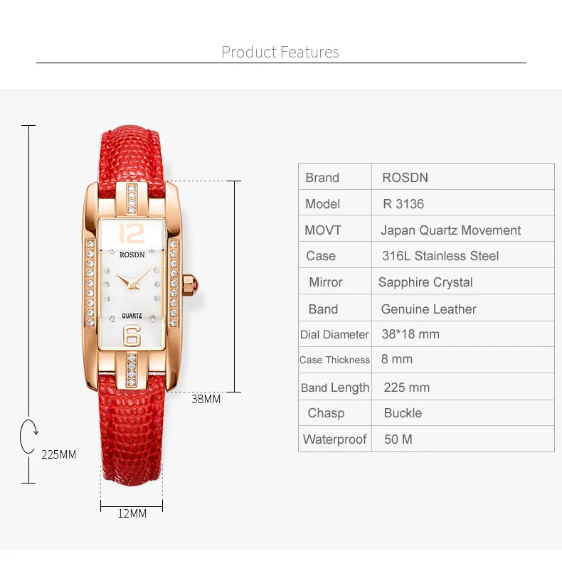 Женские часы от роскошного бренда ROSDN, японские кварцевые часы с сапфировым механизмом, женские водонепроницаемые часы с бриллиантом 50 м, 8 мм, ультратонкие часы R3136