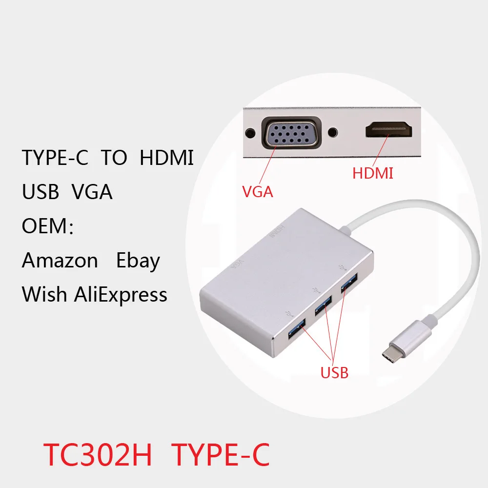 Многофункциональный 5 в 1 USB3.1 type-C концентратор для VGA HDMI USB3.0 адаптер видео конвертер абсолютно и высококачественный