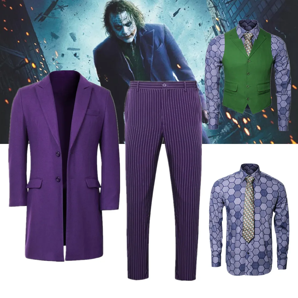 Бэтмен Джокер из "Темного рыцаря" Косплей Костюм для взрослых мужчин Фиолетовый пальто рубашка зеленый жилет галстук Хэллоуин фильм костюмы Карнавальный наряд