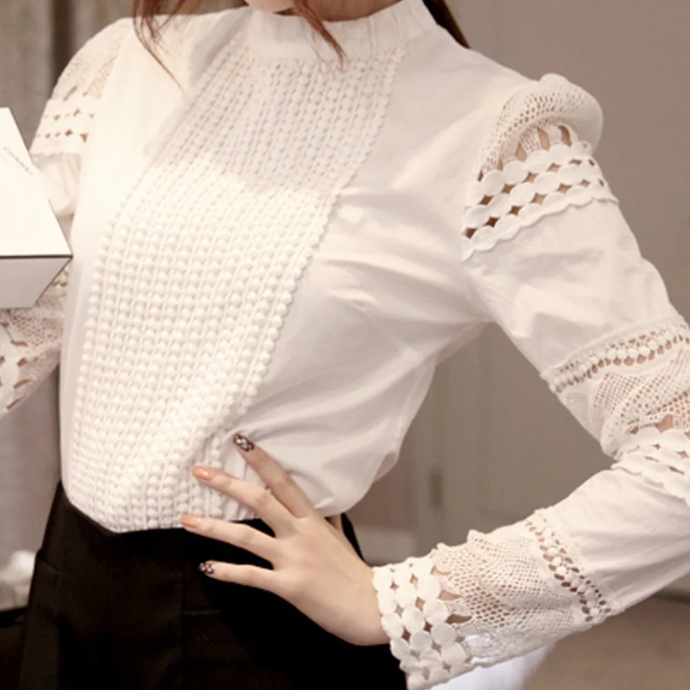 Blouses Shirts Women 2019 Lace Chiffon Women Blouses Long Sleeve Hollow Elegant White Blouse Women Casual Shirts Plus Size 5Xl