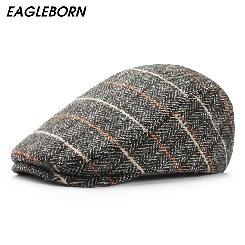 

2022 New Autumn Winter Hat Men Beret Dad Hat Fashion British Classic Striped Woolen Beret Men Hats Senior Citizen Gray Khaki Cap