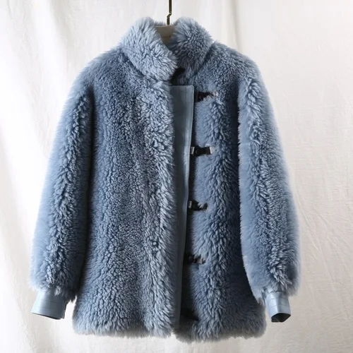 blue OFTBUY/ зимняя куртка для женщин, пальто из натурального меха, шерстяное пальто, тканая верхняя одежда для женщин, плюшевое пальто из флиса, уличная мода - Цвет: blue