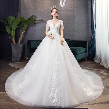 

luxury bridal gown lace up short sleeve wedding dresses anniversary gown vestido de noiva /свадебное платье/robe de mariee