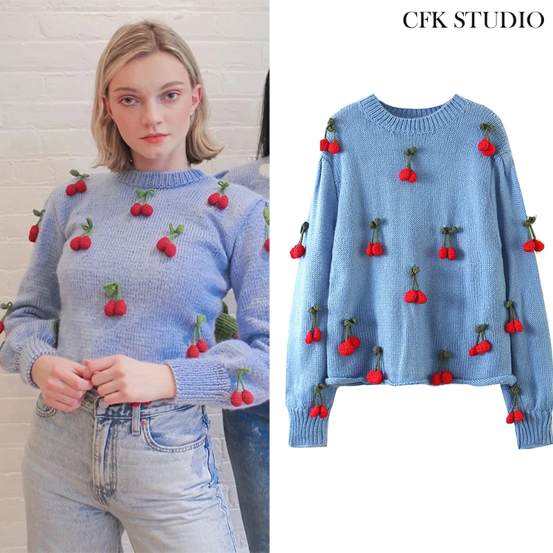 Suéter con cuello redondo para mujer, Jersey de punto bordado de cereza, informal, suelto, grueso, azul, para Navidad, Otoño e Invierno