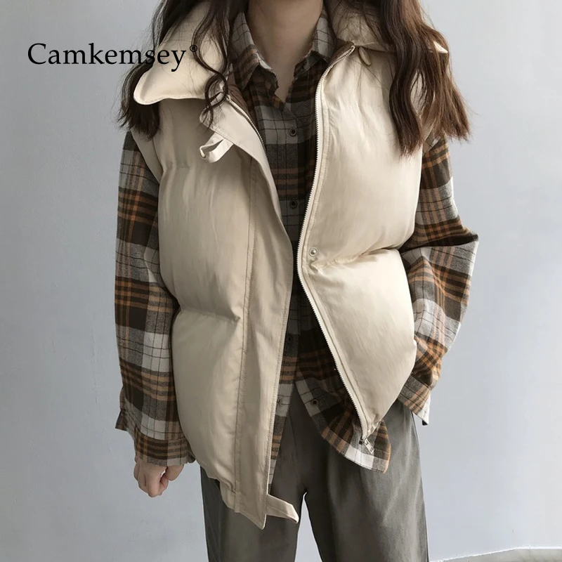 

CamKemsey New Winter Vest Coats For Women 2019 Autumn Casual Solid Stand Collar Down Cotton Padded Waistcoats Jackets