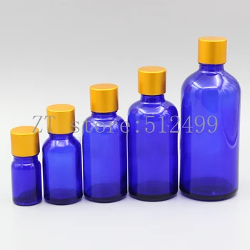 

2/10pcs 5ml 10ml 15ml 20ml 30ml 50ml 100ml Empty Blue Glass Essential Oil Bottles with Matt Gold Aluminum Screw Cover Cap Lid
