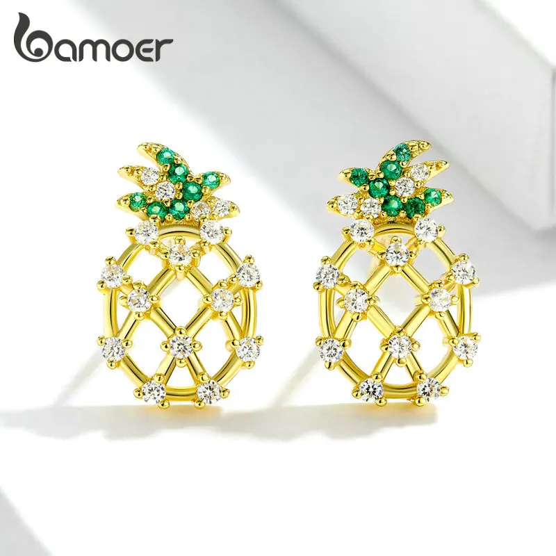 

bamoer HOT SALE Summer Pineapple Stud Earrings Clear CZ Paved 925 Sterling Silver Golden Anti-allergy Fine Jewelry GXE728