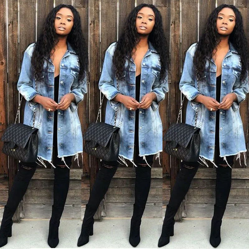 

Женская джинсовая куртка на пуговицах Nice Pop, модная осенняя куртка с длинным рукавом и дырками, Базовая куртка