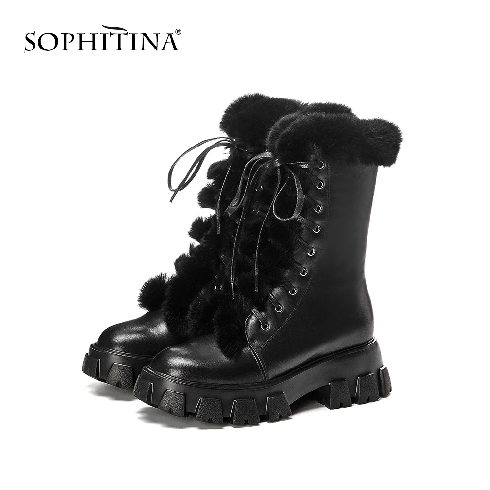 

SOPHITINA Comfortable Round Toe Boots High Quality Genuine Leather Fashion Lace-up Square Heel Shoes Handmade Ankle Boots PO270