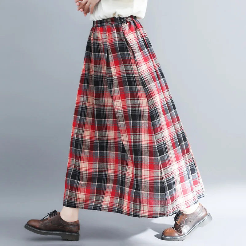 

2018 Autumn New Style Artistic Plaid Cotton Linen Slim Fit Mid-length Elastic Waist Big Hemline Skirt