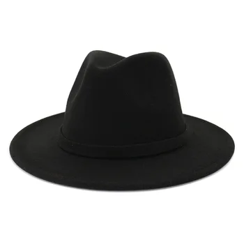 

Women Flat Brim Wool Felt Fedora Jazz Hat with Leather Band Panama Trilby Cowboy Cap Elegant Lady Church Hats 58cm