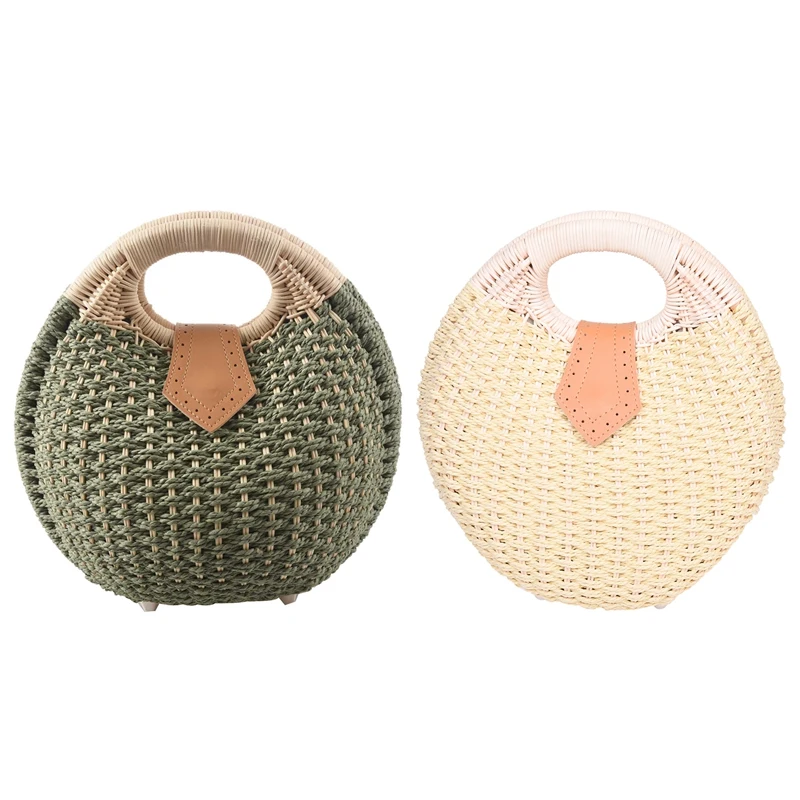 

2 Pcs Snail'S Nest Tote Handbag Summer Beach Bags Woman Straw Bags Women'S Handbag Rattan Bag, Beige & Green