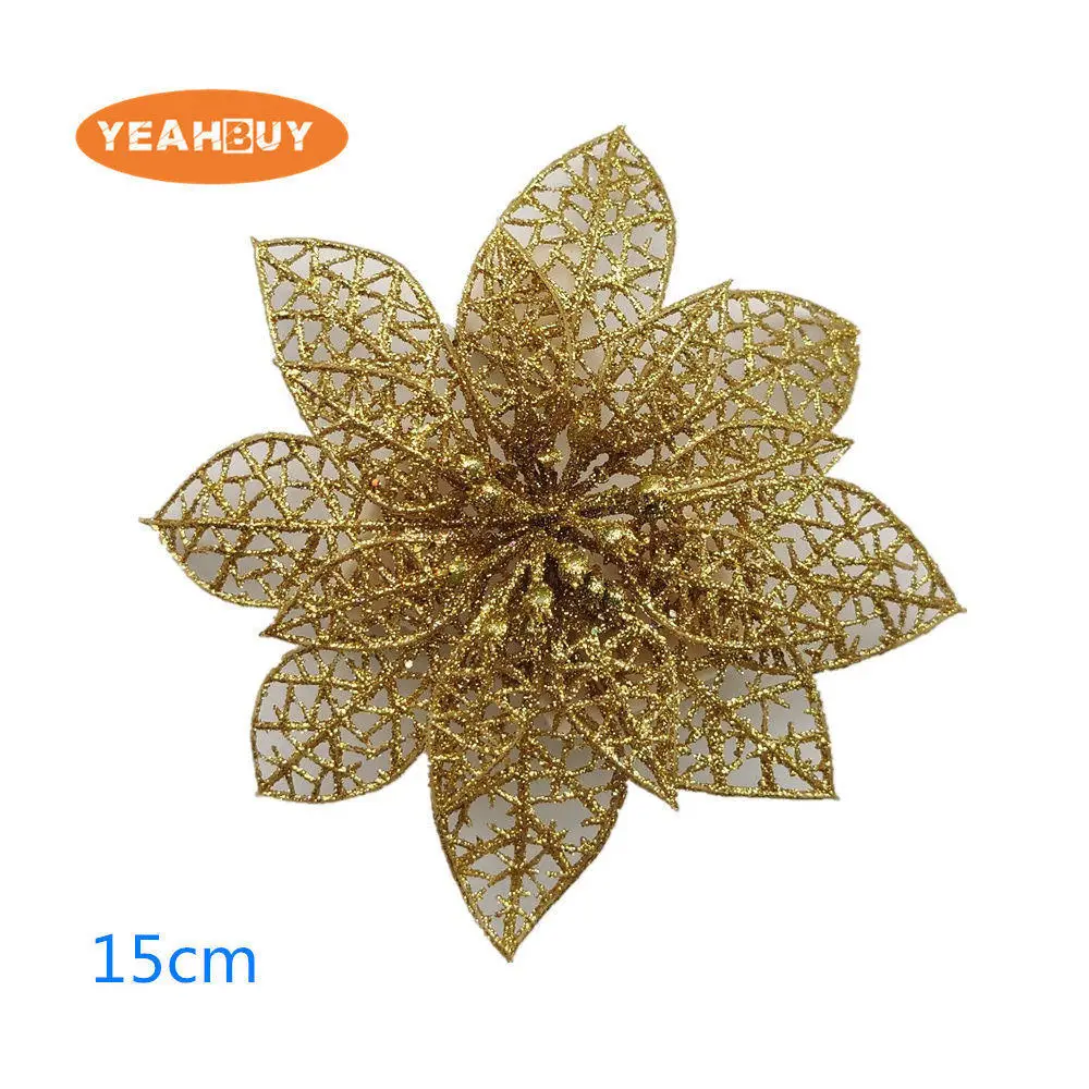15CM golden 30 шт. Рождественский цветок высокого качества рождественские цветы декоративные искусственные цветок пуансеттии золотые серебряные елки украшения - Цвет: 15CM golden