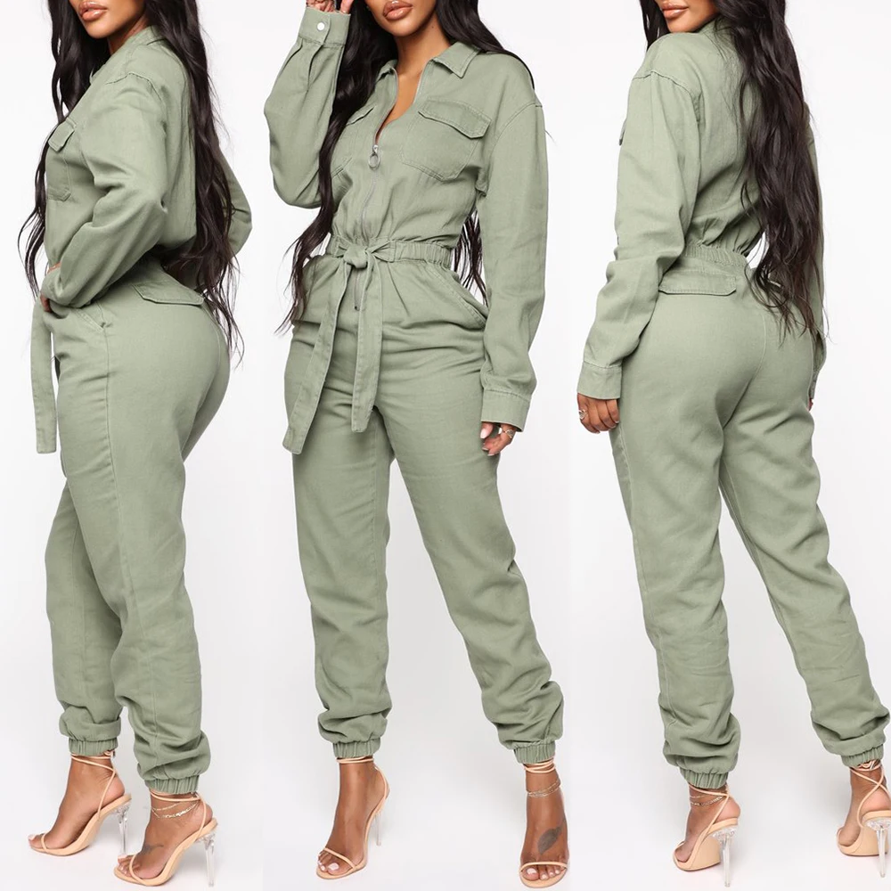 Casual Sport Overalls Women Jumpsuit Long Sleeve Belt Rompers Trousers Female Office Lady Fashion  Zipper Playsuit  Streetwear