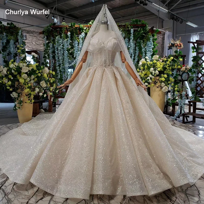 

HTL825 shiny wedding dresses with sleeves special sweetheart off shoulder plus size wedding gowns with glitter veil trouwjurk