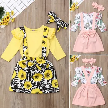 

CANIS 3PCS Toddler Baby Girls 2019 Autumn Cotton Long Sleeve Romper Flower Printed Skirt Bowknot Headband Dress Set