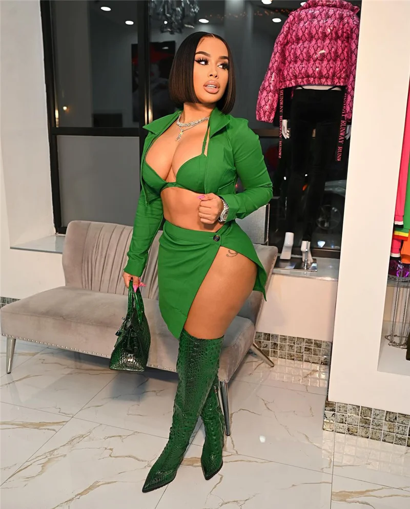 Sexy Chic 3 Piece Dress Sets Women Festival Clothing Cropped Coat + Bra + Mini Skirt Suits Clubwear Night Party Birthday Outfits