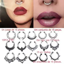 15 шт. Набор Кристалл Поддельные Нос кольцо Мода Серебряный цвет круглый перегородка пирсинг кликер искусственный зажим не для тела обруч для женщин ювелирные изделия