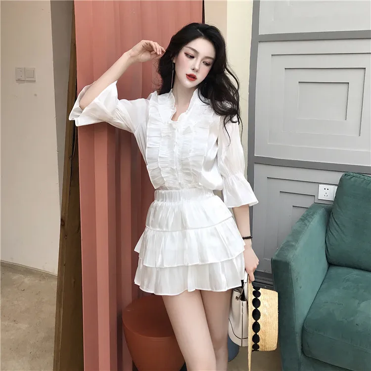 

Photo Shoot Spring And Summer New Style Single Breasted Flounced Versatile Short-sleeved Top + Elastic Waist Slim Fit Skirt Set