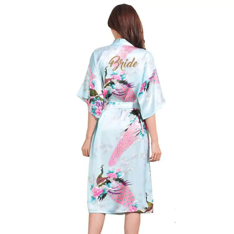 Длинная пижама с принтом, халат для невесты, Свадебный халат с надписью «Невеста», кимоно купальный халат, сексуальное ночное белье для женщин, большие размеры 3XL - Цвет: Light blue