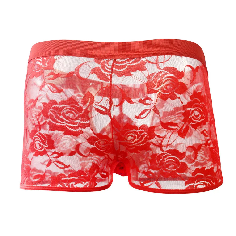 Сексуальные прозрачные кружевные боксеры с розами в ягодицах мужские трусы