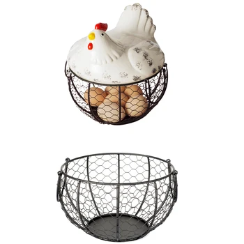 

New Iron Egg Storage Basket Snack Fruit Basket Creative Collection Ceramic Hen Oraments Decoration Kitchen Accessories