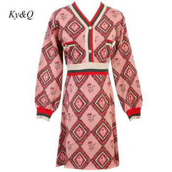 

Runway 2019 Winter Women V-neck Vintage Knit Sweater Diamond Embroidered Luxury Long Sleeve High Waist A-line Dresses Clothes