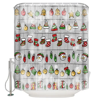 

Christmas Santa Claus Christmas Stockings Christmas Tree Christmas Leaves Festivals Shower Curtain Decor with Hooks Waterproof