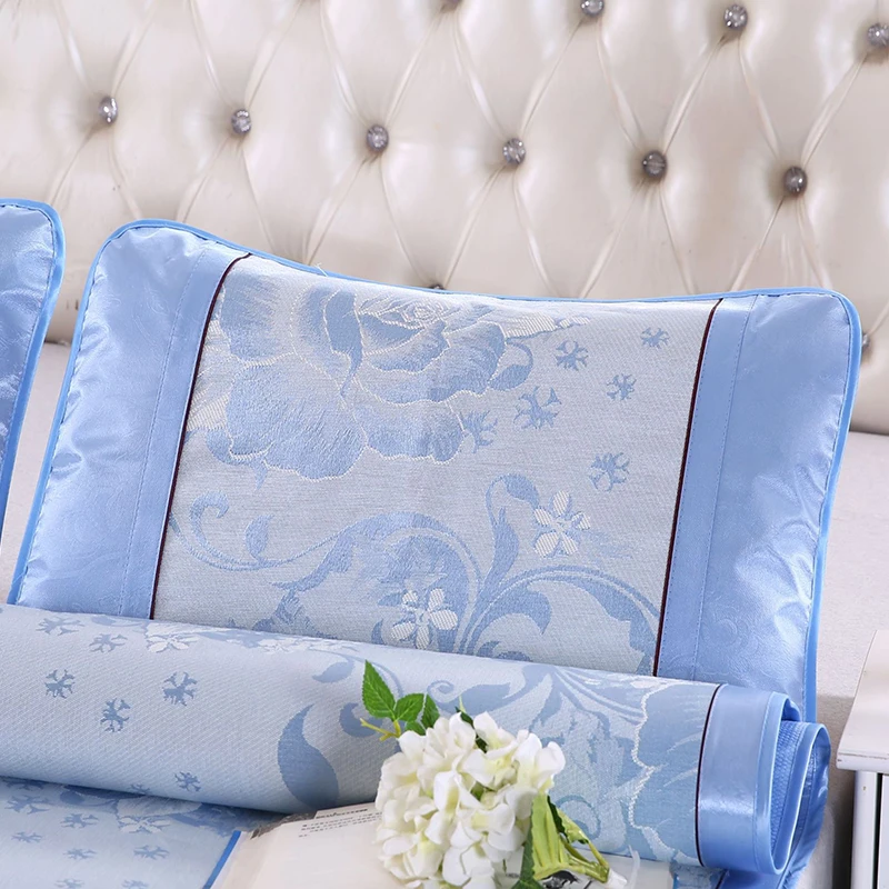 3PCS Ice silk mat jacquard mat 1.5 / 1.8 meters washable 2 pillowcases and 1 mat folding single double air conditioning