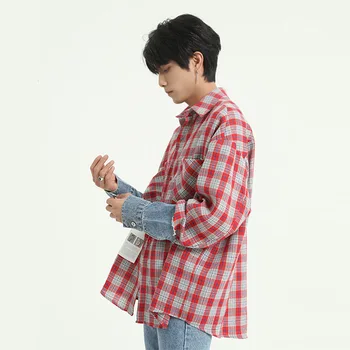 

Men Denim Splice Long Sleeve Casual Plaid Shirts Coat Male Women Lovers High Street Hip Hop Loose Shirts Style Jacket Outerwear