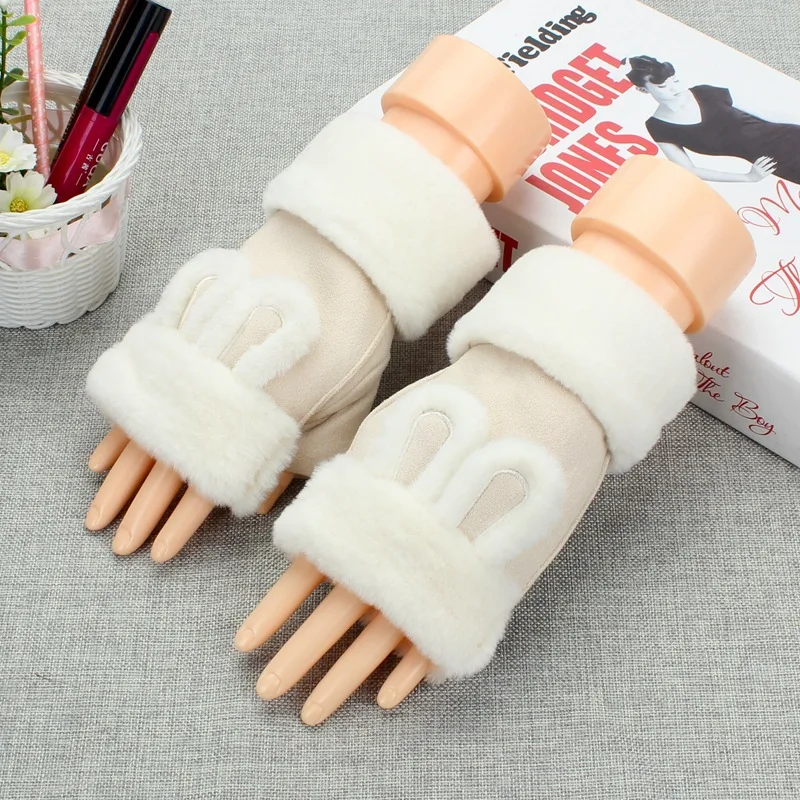 Half-finger-beige Зимние Бархатные толстые теплые замшевые перчатки женские милые студенческие перчатки с кроликом из мультфильма - Цвет: Half-finger-beige